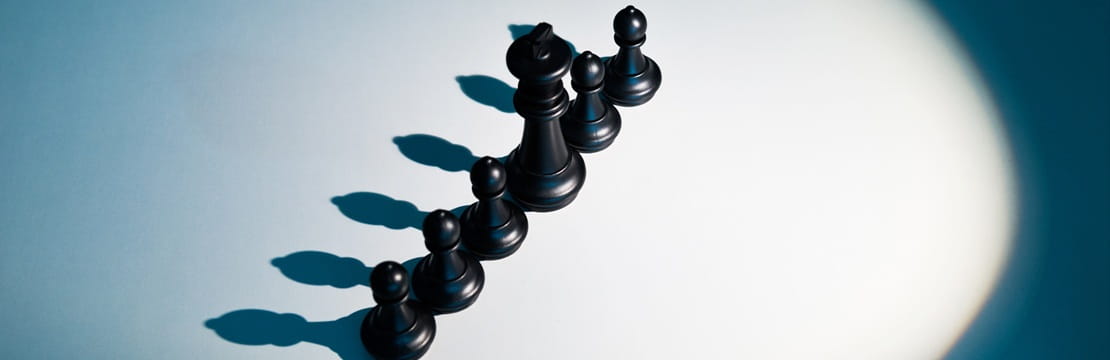 Black chess pieces arranged in a diagonal line on a light surface, casting long shadows